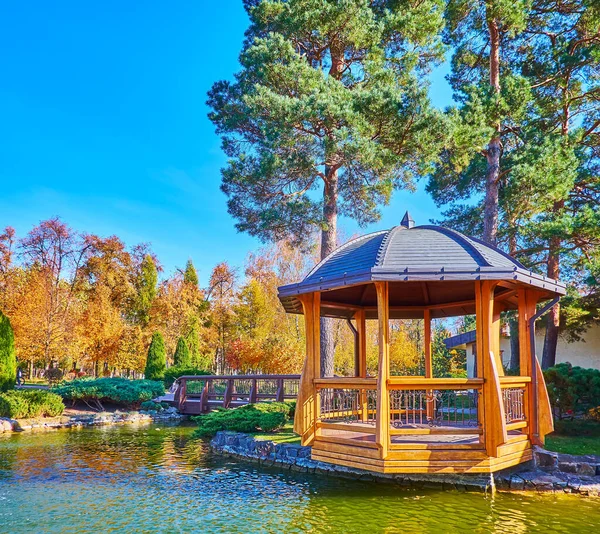 Small Wooden Gazebo Bridge Lake Autumn Park Pines Oaks Mezhyhirya — Stock Fotó