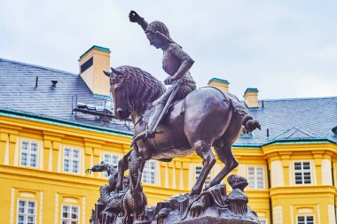 The statue of St George on the horse and the dragon at its feet, Third Courtyard of Prague Castle, Czech Republic