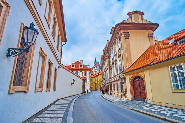 The side wall and decorative details of Kolowrat Palace, seen on the opposite side of Valdstejnska Street, Lesser Quarter, Prague, Czech Republic