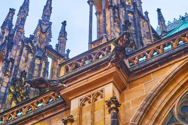 Medieval Gothic Gargoyles Wall Vitus Cathedral Located Prague Castle Hradcany — Stockfoto