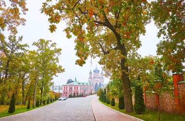 The alley of autumn park with a view on St Panteleimon Monastery in fog, Kyiv, Ukraine