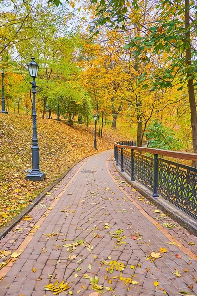 Walk Autumn Alley Volodymyr Hill Park Golden Foliage Vintage Streetlight — Zdjęcie stockowe