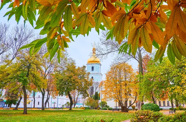 Златоглавая Колокольня Софийского Собора Осенним Зелено Желтым Парком Киев Украина — стоковое фото