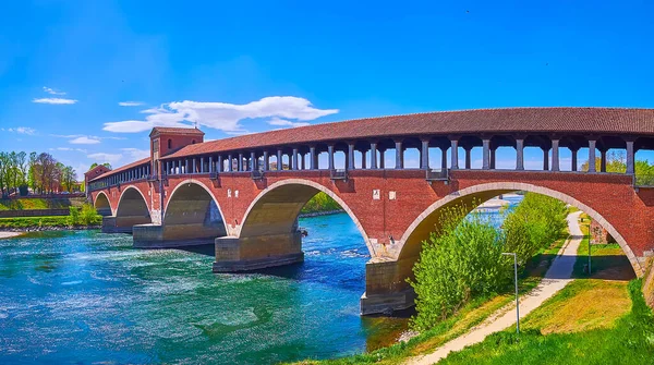 Panorama Covered Ponte Copetro Bridge Ticino River Pavia Italy — Stock Photo, Image