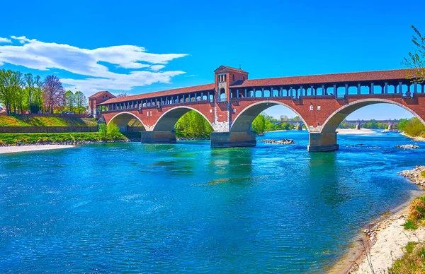 Schilderachtige Ponte Vecchio Ponte Coperto Brug Ticino Rivier Pavia Stad — Stockfoto