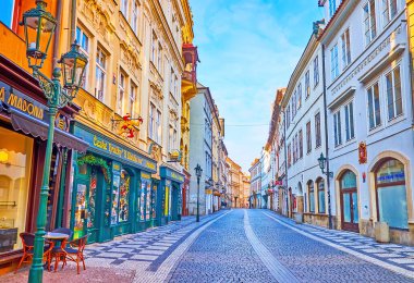 PRAGUE, CZECH REPUBLIC - MARCH 6, 2022: Historic buildings and mansions on Celetna Street of Stare Mesto (Old Town), on March 6 in Prague
