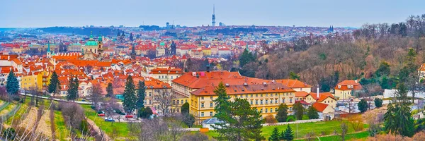 Panorama Large Strahov Garden Red Roofs Lesser Quarter Green Dome — Stock Photo, Image