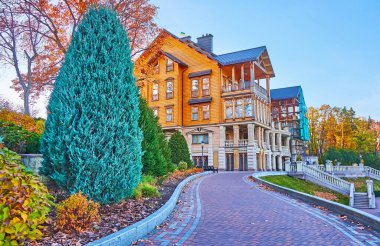 MEZHİHİRYA, UKRAINE - 26 Ekim 2021: Mezhyhirya 'daki Mezhyhirya Köşkü' ndeki manzaralı parkın thuja ağaçlarının arkasındaki ahşap Honka Club House 'un yan duvarı