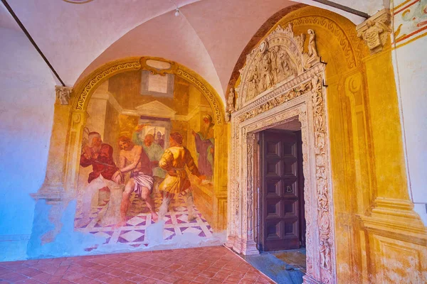 Stone Carved Doorframe Medieval Fresco Small Cloister Certosa Pavia Monastery — Fotografia de Stock
