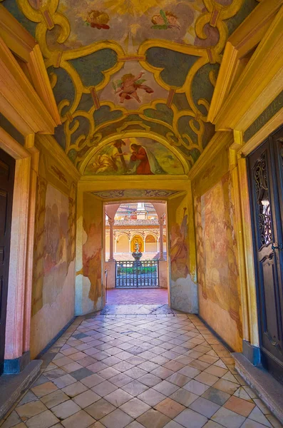 Certosa Pavia Italy April 2022 Frescoes Corridor Leading Small Cloister — стоковое фото