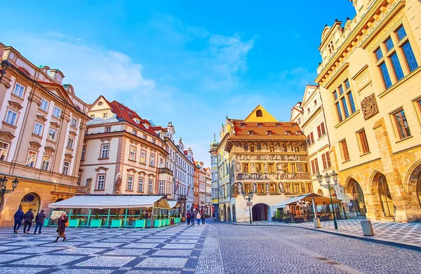 Old Town Square with medieval townhouses and mansions - House at the Minute (Dum u Minuty), covered with sgraffito decor, Old Town Square, Prague, Czech Republic