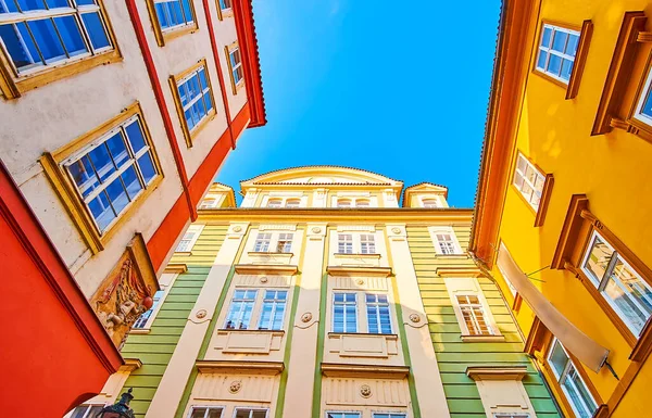 The bright colored facades of historic houses on Karlova Street in Stare Mesto (Old Town), Prague, Czech Republic