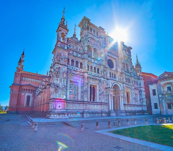 Marble Facade Colorful Carved Decorations Cathedral Certosa Pavia Monastery Italy — Stock fotografie