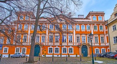 Baroque facade of historic Buquoy Palace, located on Grand Priory (Velkoprevorske) Square in Lesser Quarter, Prague, Czech Republic