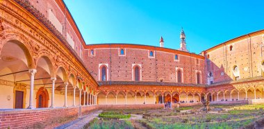 Panorama of the inner garden of small cloister of medieval Certosa di Pavia monastery, Italy