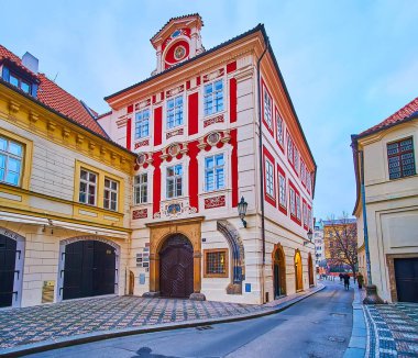 PRAGUE, CZECH REPUBLIC - MARCH 6, 2022: Historic House at the God's Eye (Dum u Boziho Oka), located on Mla Stupartska Street and decorated with stucco details, on March 6 in Prague