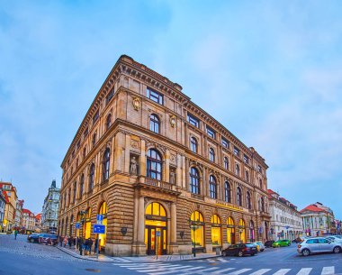 PRAGUE, CZECH REPUBLIC - MARCH 6, 2022: The corner of former Provincial Bank building, located on Na Prikope (On the Moat) Street, on March 6 in Prague