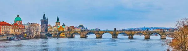 Panoramic View Medieval Stone Charles Bridge Karluv Most Vltava River — Fotografia de Stock