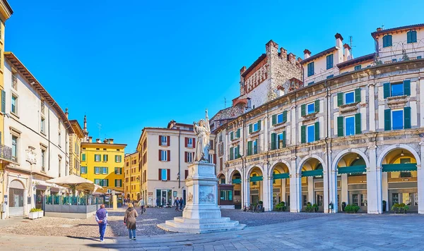 BRESCIA, ITALY - APRIL 10, 2022: Piazzetta Bell'Italia with historic buildings, outdoor restaurants and La Bella Italia monument, on April 10 in Brescia