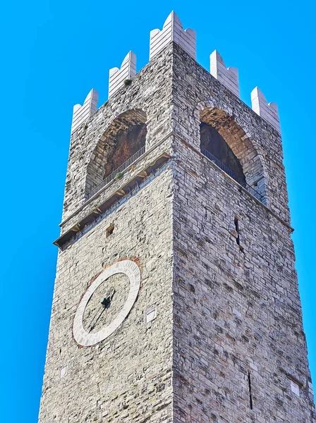 Tall Stone Torre Del Pegol Clocktower Arched Terrace Battlements Clock — 图库照片