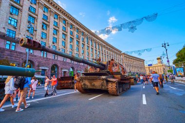 KYIV, UKRAINE - AUGUST 23, 2022: Destroyed Russian Msta artillery on exhibition of destroyed Russian military vehicles, Independence Day, on August 24 in Kyiv, Ukraine