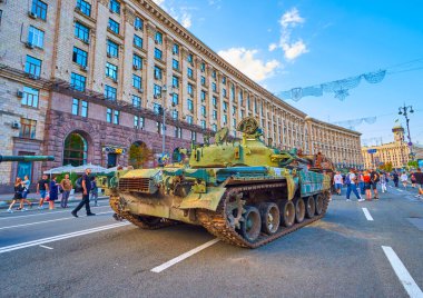KYIV, UKRAINE - AUGUST 23, 2022: Street exhibition of destroyed and captures Russian military vehicles, Independence Day, on August 24 in Kyiv, Ukraine