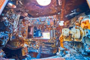 Interior of the cabin of burnt Russian artillery, exhibition of captured,burnt, bombed, destroyed Russian military equipment, Kyiv, Ukraine