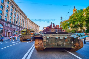 KYIV, UKRAINE - AUGUST 23, 2022: Russian tanks on exhibition of destroyed Russian military vehicles in Khreshchatyk avenue, on August 24 in Kyiv, Ukraine