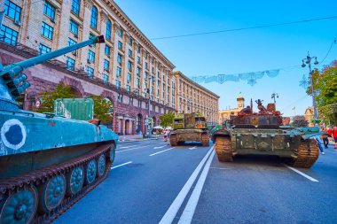 KYIV, UKRAINE - AUGUST 23, 2022: Lines of destroyed Russian military vehicles along Khreshchatyk avenue during Independence Day, on August 24 in Kyiv, Ukraine