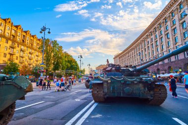 KYIV, UKRAINE - AUGUST 23, 2022: Russian tanks on exhibition of captured, burnt, bombed, destroyed Russian military equipment, on August 23 in Kyiv, Ukraine