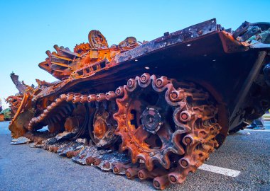 KYIV, UKRAINE - AUGUST 23, 2022: Destroyed and burnt Russian tank on exhibition of destroyed Russian military vehicles, on August 23 in Kyiv, Ukraine