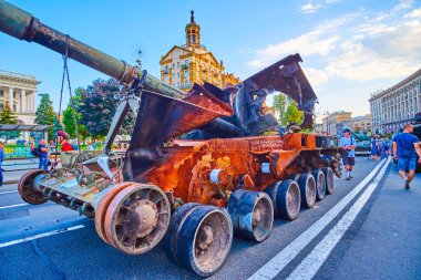 KYIV, UKRAINE - AUGUST 23, 2022: Exhibition of destroyed Russian military equipment on Khreshchatyk Avenue, on August 23 in Kyiv, Ukraine
