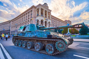 KYIV, UKRAINE - AUGUST 23, 2022: Captures Russian tank on parade of destroyed Russian military vehicles, on August 23 in Kyiv, Ukraine