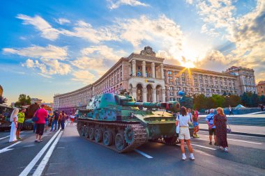 KYIV, UKRAINE - AUGUST 23, 2022: Street exhibition of captured, burnt, bombed and destroyed Russian military equipment and vehicles, Independence Day, on August 24 in Kyiv, Ukraine