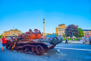 KYIV, UKRAINE - AUGUST 23, 2022: Destroyed and burnt Russian tank on parade of destroyed Russian military vehicles, on August 23 in Kyiv, Ukraine