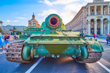 KYIV, UKRAINE - AUGUST 23, 2022: Captured Russian tank on exhibition of destroyed Russian military equipment and vehicles, Independence Day, on August 24 in Kyiv, Ukraine