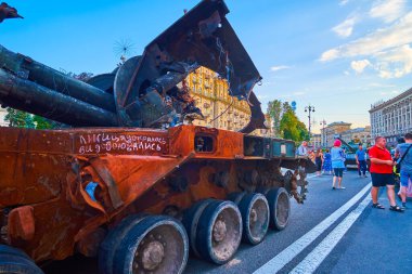 KYIV, UKRAINE - AUGUST 23, 2022: Burnt artilery on street exhibition of destroyed Russian military vehicles, on August 24 in Kyiv, Ukraine
