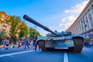 KYIV, UKRAINE - AUGUST 23, 2022: Captures and destroyed tank on parade of destroyed Russian military vehicles, on August 23 in Kyiv, Ukraine