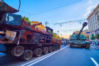 KYIV, UKRAINE - AUGUST 23, 2022: Destroyed Russian Msta self-propelled artillery on street exhibition of captured, burnt, bombed Russian military equipment and vehicles, on August 23 in Kyiv, Ukraine