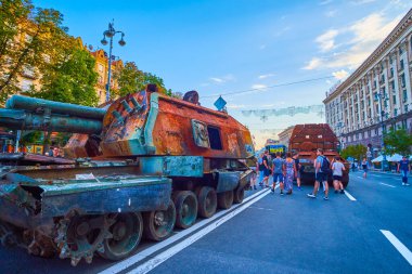KYIV, UKRAINE - AUGUST 23, 2022: Broken tanks, howitzers, self-propelled artillery pieces on the exhibition of destroyed Russian military vehicles, on August 23 in Kyiv, Ukraine
