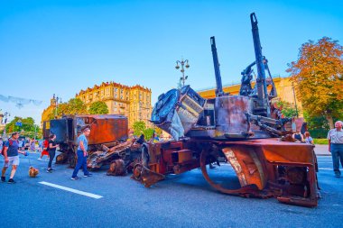 KYIV, UKRAINE - AUGUST 23, 2022: Bombed and burnt Pantsir missile system on the exhibition of destroyed Russian military vehicles, on August 23 in Kyiv, Ukraine