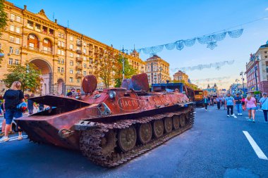 KYIV, UKRAINE - AUGUST 23, 2022: Destroyed Russian military vehicles on Khreshchatyk, on August 24 in Kyiv, Ukraine