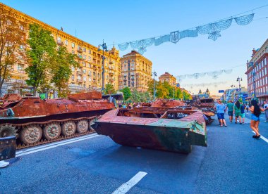 KYIV, UKRAINE - AUGUST 23, 2022: Destroyed Russian military equipment on Independence Square, on August 24 in Kyiv, Ukraine