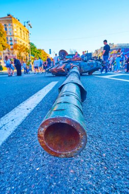The burnt and rusty tank tower on exhibition of destroyed Russian military equipment, Kyiv, Ukraine