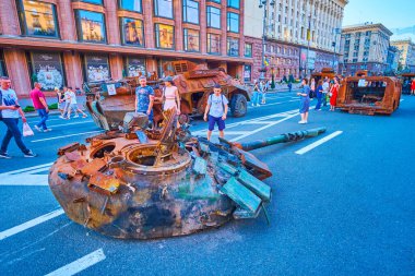 KYIV, UKRAINE - AUGUST 23, 2022: The rusty burnt tank tower on the exhibition of destroyed Russian military equipment, on August 23 in Kyiv, Ukraine