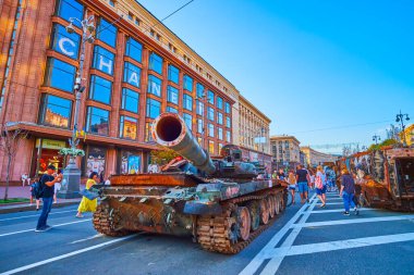 KYIV, UKRAINE - AUGUST 23, 2022: EKhreshchatyk Avenue with exhibition of destroyed and captured Russian military equipment and vehicles, on August 23 in Kyiv, Ukraine