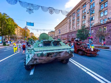 KYIV, UKRAINE - AUGUST 23, 2022: Exhibition of destroyed Russian military equipment due to the Independence Day of Ukraine, Khreshchatyk Avenue, on August 24 in Kyiv, Ukraine