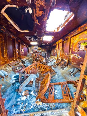 Inside of destroyed Russian armoured personnel carrier on exhibition of destroyed Russian military vehicles in Kyiv, Ukraine
