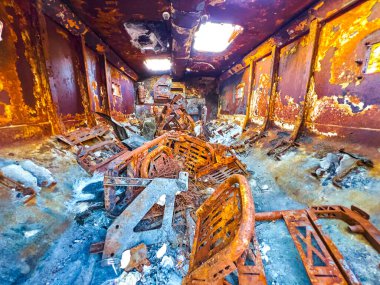 Destroyed armoured personnel carrier on the exhibition of captured Russian military equipment and vehicles, Kyiv, Ukraine