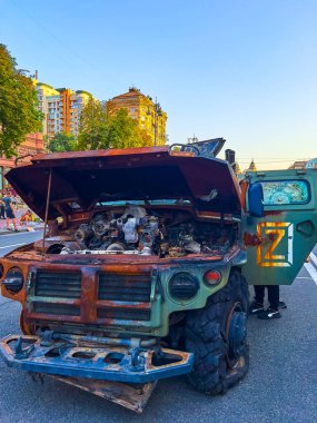 KYIV, UKRAINE - AUGUST 23, 2022: Destroyed Tigr multipurpose all-terrain infantry mobility vehicle on exhibition of destroyed Russian military equipment, on August 24 in Kyiv, Ukraine